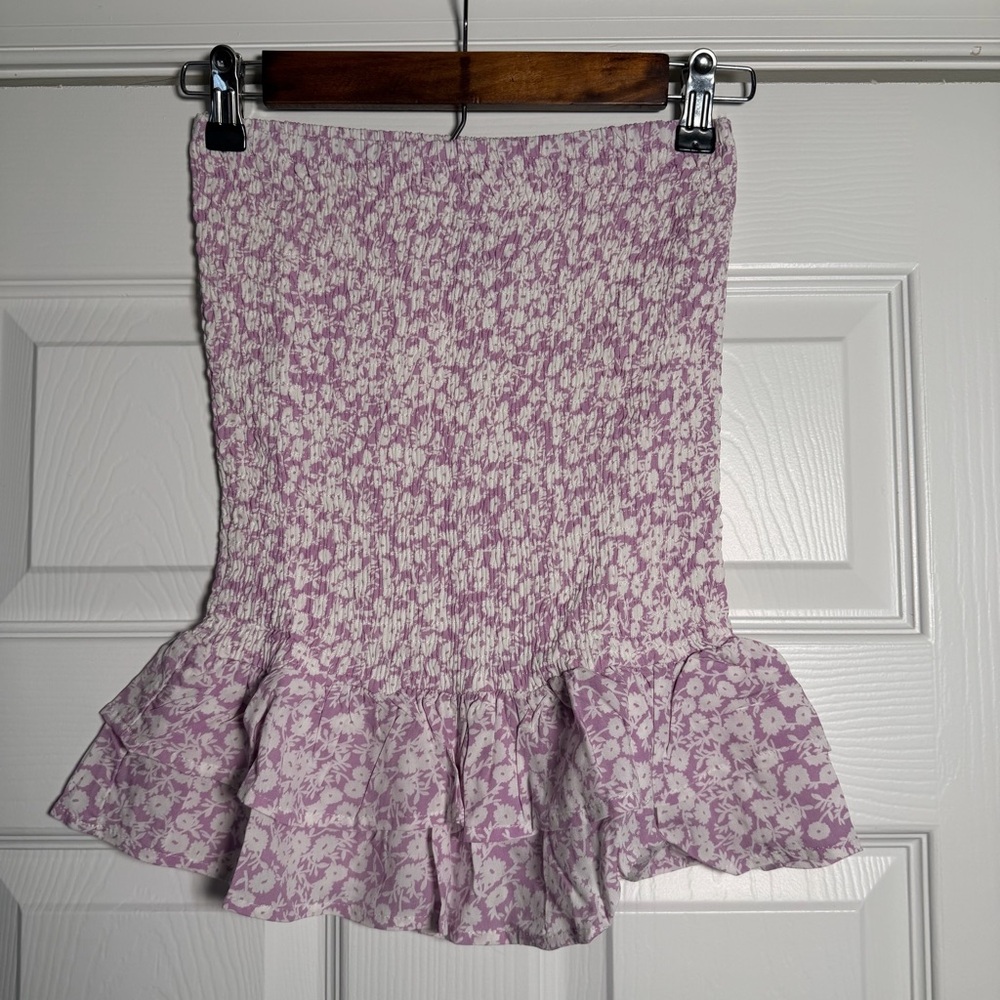Lilac Purple W/ White Floral Design Women's Smocked Summer Spring Skirt